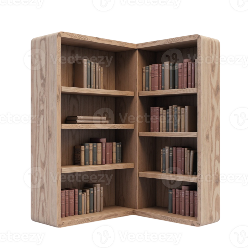 Isolated 3D Render of a Wooden Corner Bookshelf Filled with Various Books on a Transparent Background png