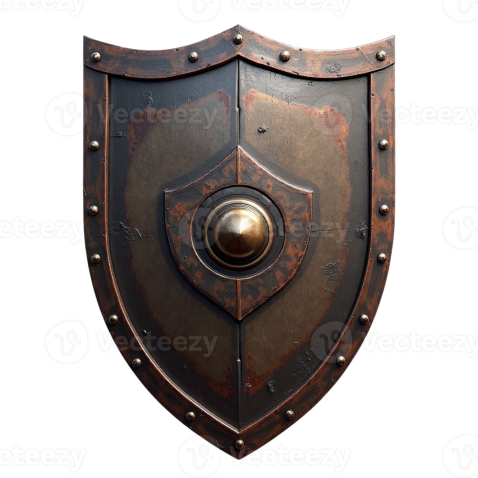 Isolated ancient metal shield with rivets on a transparent background, perfect for graphic design file png