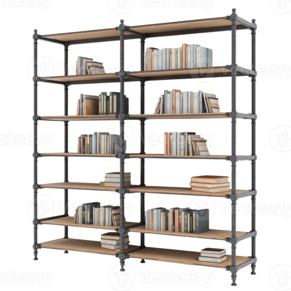 Large Modern Industrial Bookshelf Filled with Books File with Transparent Background png