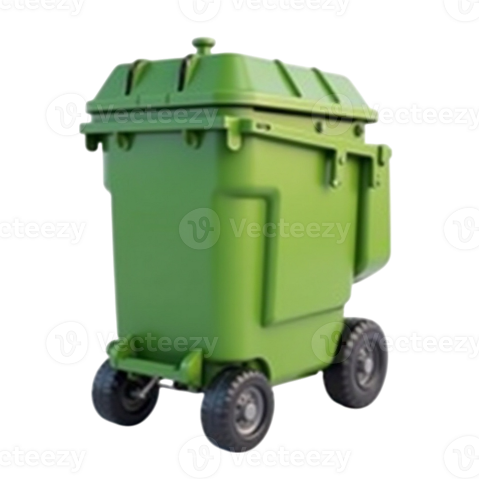 Green plastic wheeled trash bin with lid, transparent background, 3d render illustration png