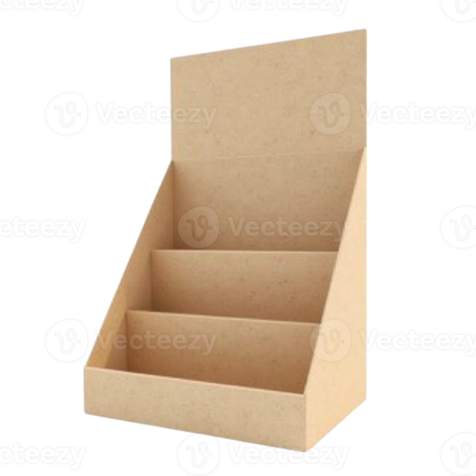 Empty tiered cardboard display stand for product presentation on transparent background png