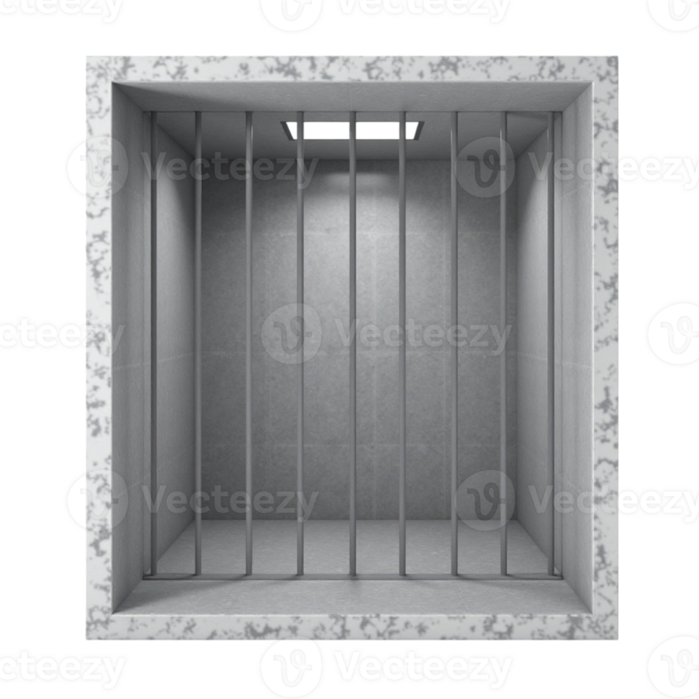 Empty concrete prison cell interior with metal bars and transparent background graphic element png