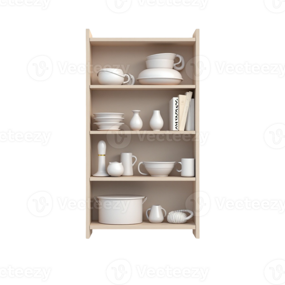 Minimalist wooden shelf with ceramic kitchenware and decor items transparent background png