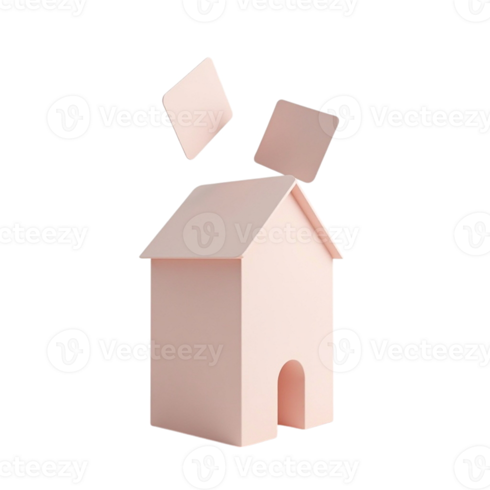 Minimalist Pink House Building with Floating Geometric Shapes 3D Render Isolated png