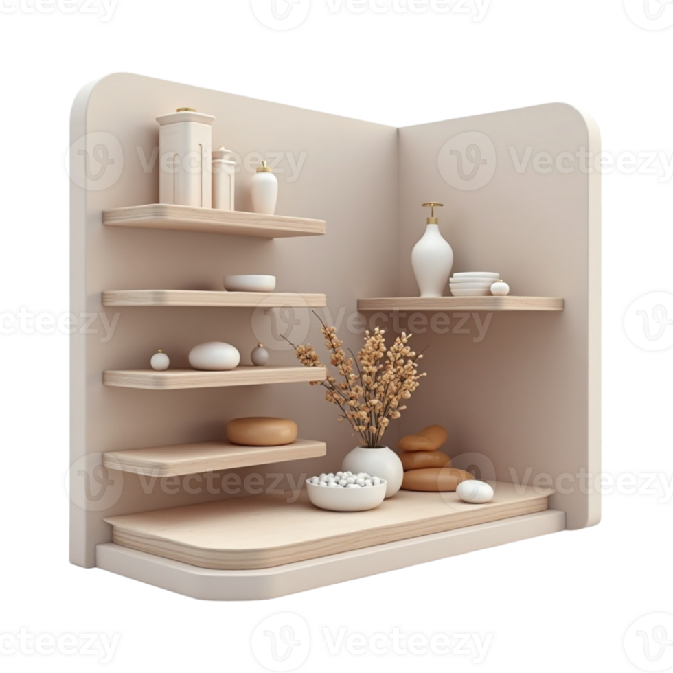 Minimalist Spa Bathroom Corner Shelf Display with Wellness Objects Transparent Background Rendering png
