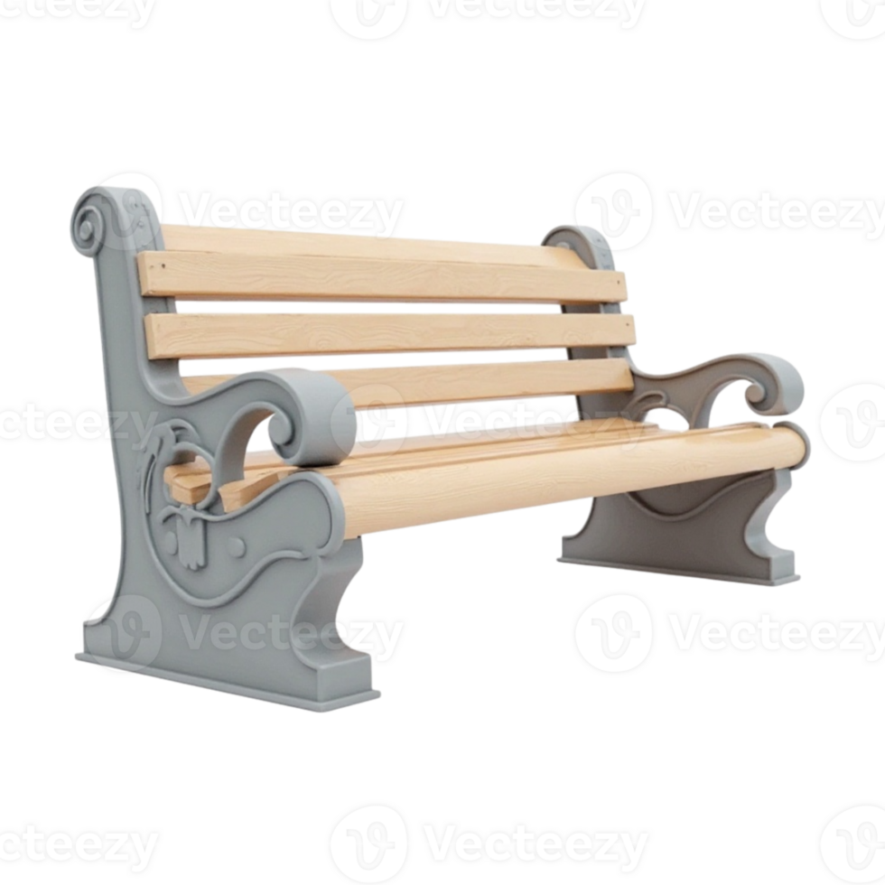 Modern empty outdoor park bench with wooden seat and grey decorative legs isolated on transparent background file png