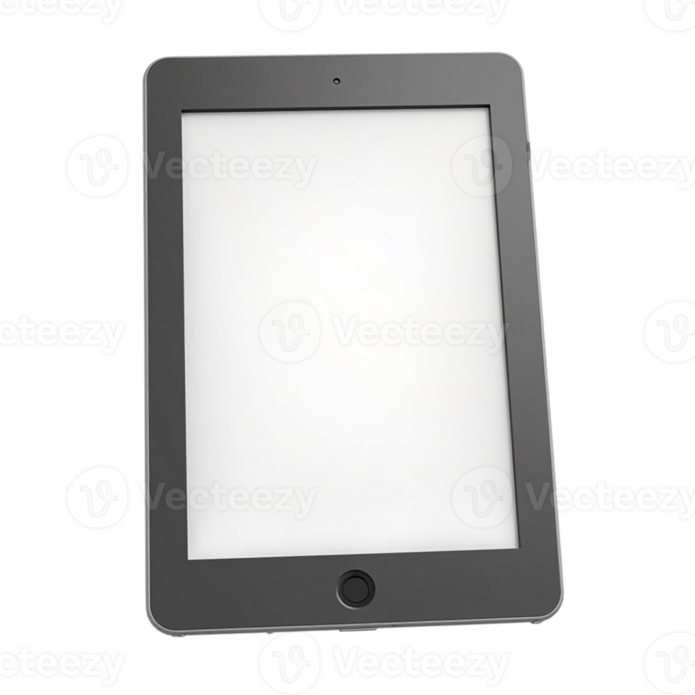 Modern dark grey digital tablet with a blank white screen isolated on a transparent background png