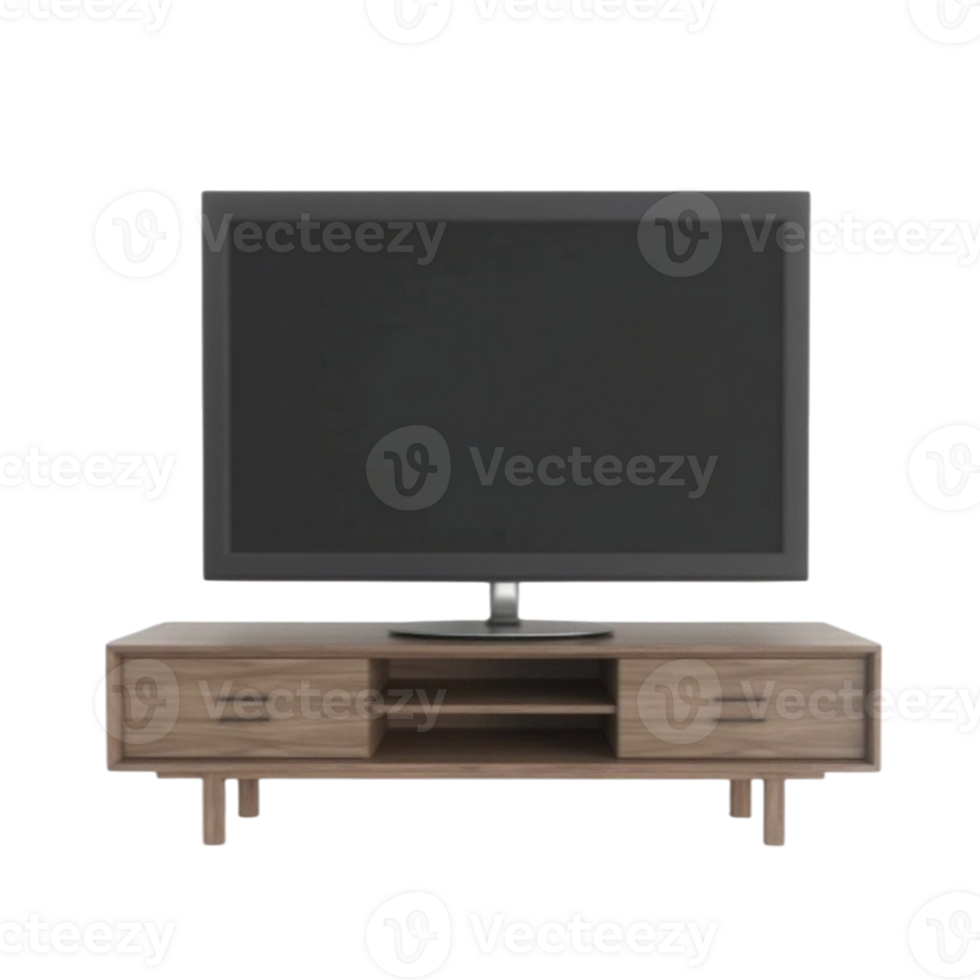 Modern Flat Screen Television on Stylish Wooden Cabinet Isolated Transparent Background for Design png