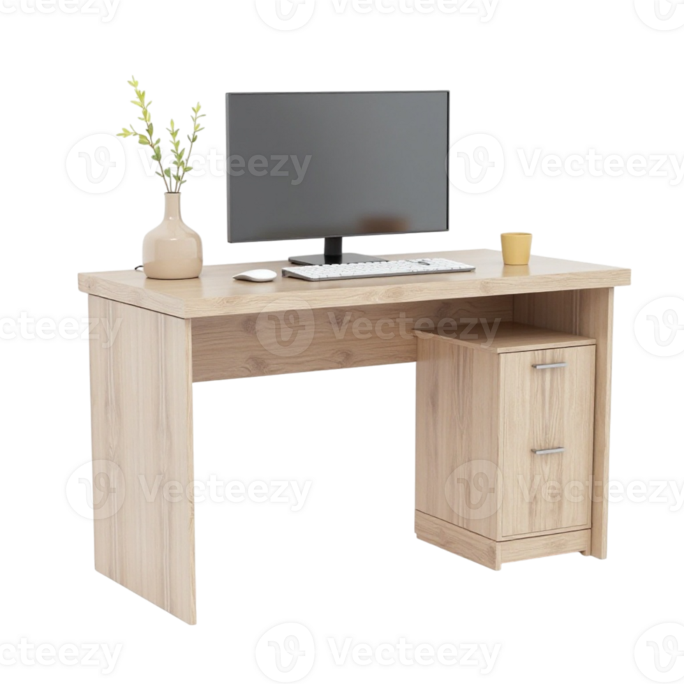 Modern light wood office desk with computer monitor and plant on transparent background This is a file with a transparent background png