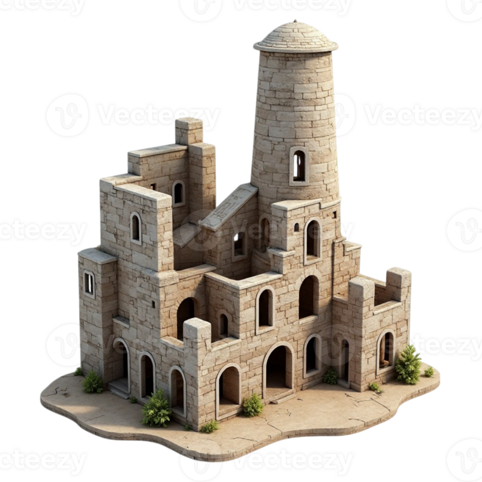 Medieval stone castle structure illustration with tower transparent background isolation png