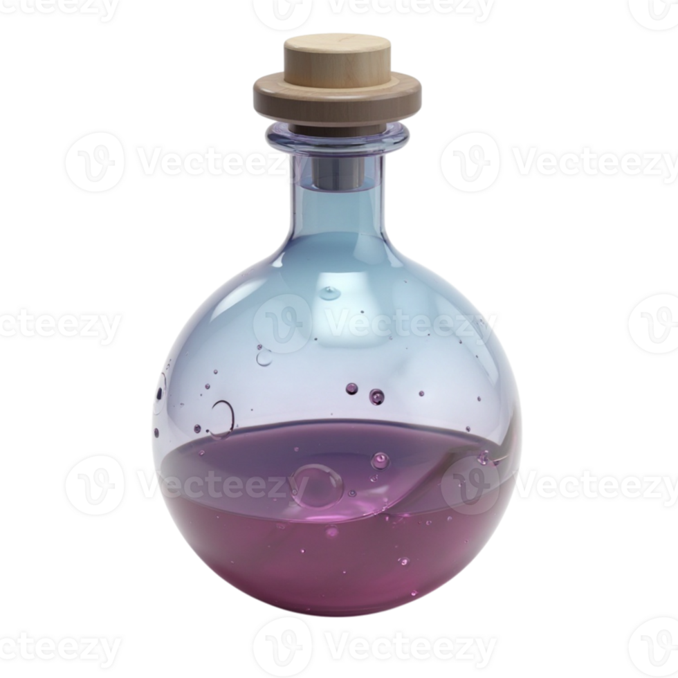 Mysterious Potion Bottle with Bubbles and Gradient Liquid Isolated on Transparent Background Render png