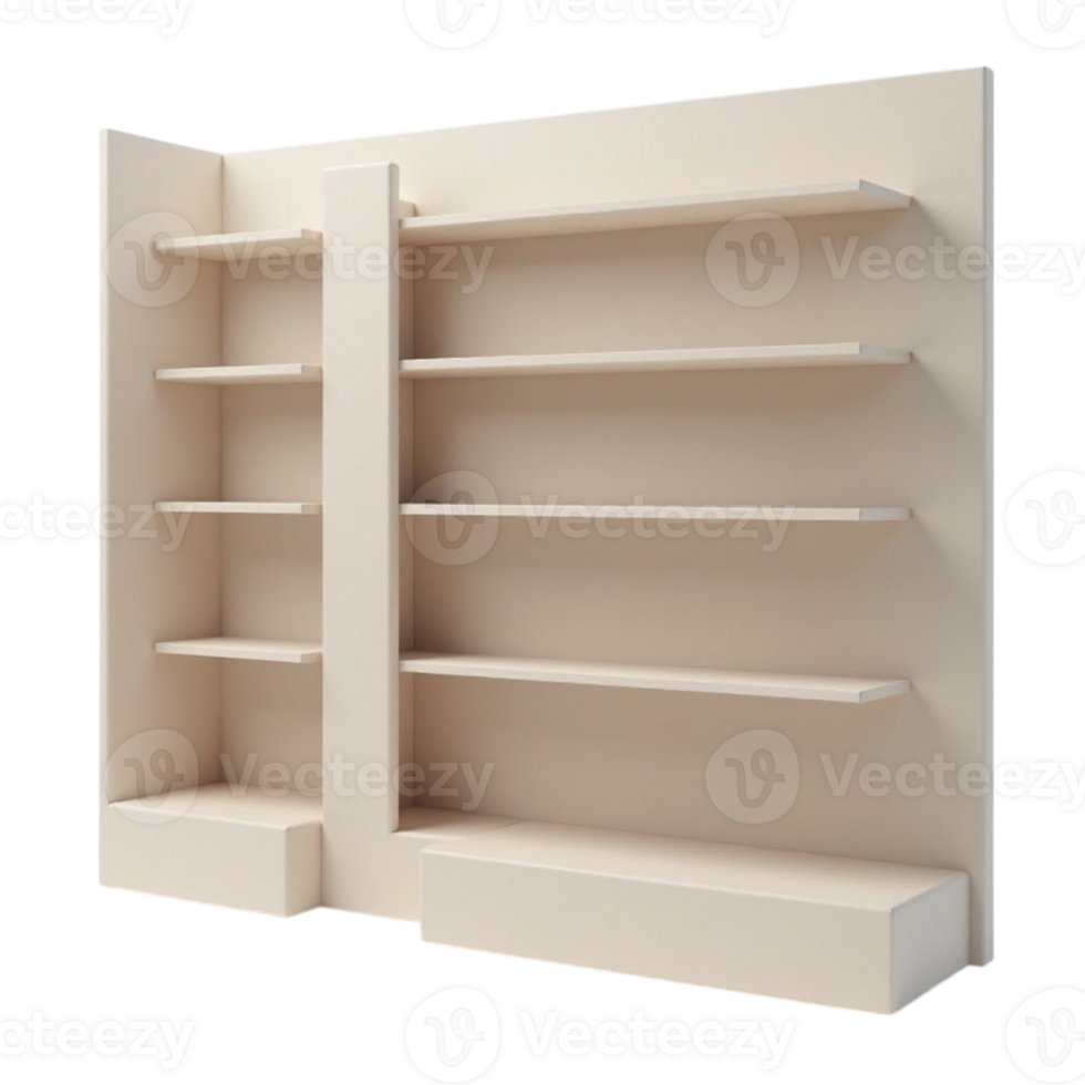 Modern White Retail Display Shelf Unit 3D Render Minimalist Wall Shelving Object Transparent Background png