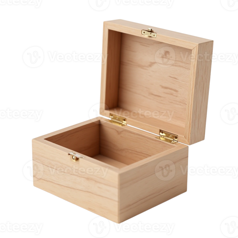 Open empty light wood rectangular box with lid isolated on black transparent background png