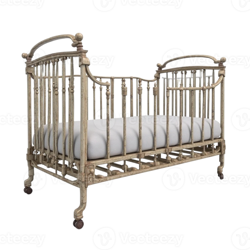 Ornate Antique Metal Baby Crib with Mattress Isolated on Transparent Background png