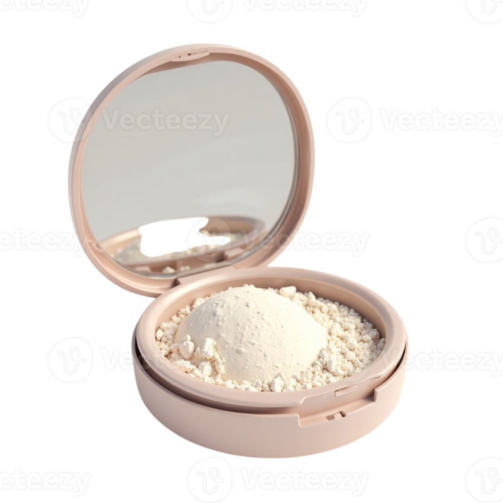 Open compact case of loose white makeup powder with mirror, beauty essential, isolated on transparent background png