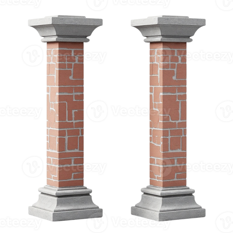 Pair of Decorative Rectangular Red Brick Pillars with Grey Stone Bases and Caps Asset png
