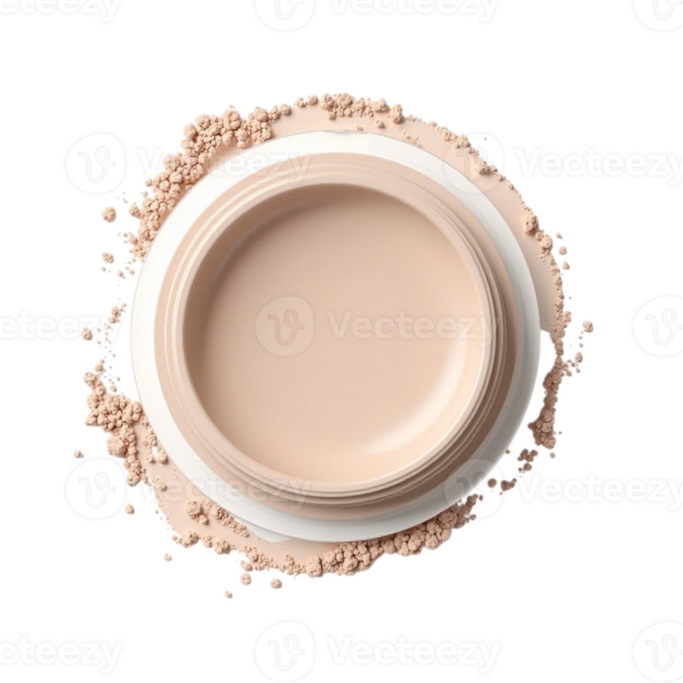 Overhead View of Creamy Foundation Pot and Loose Powder Splash with Transparent Background File png