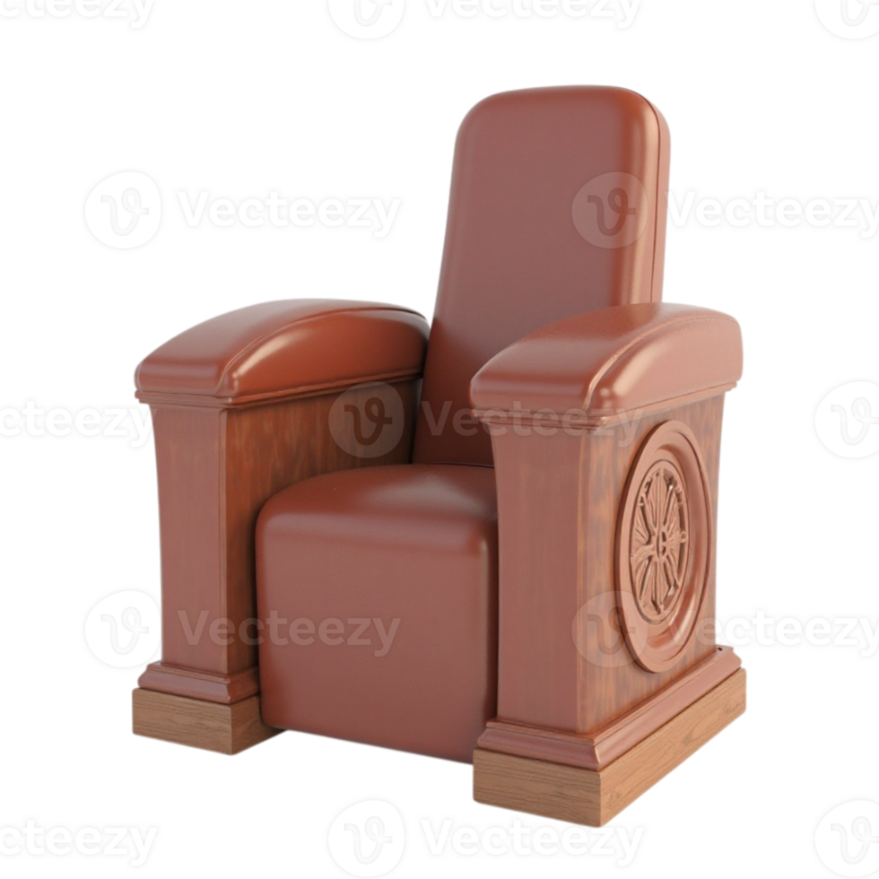 Ornate Brown Leather Armchair with Wood Accents and Carved Detail Isolated on Transparent Background This is a file with a transparent background png