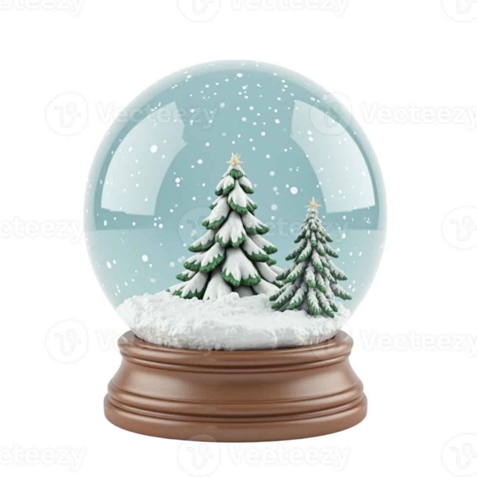 Realistic 3D Rendered Snow Globe with Miniature Christmas Trees and Falling Snowflakes on a Transparent Background png
