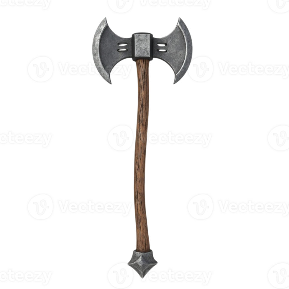 Powerful Double-Bladed Battle Axe with Wooden Handle and Steel Blades on Transparent Background Asset png