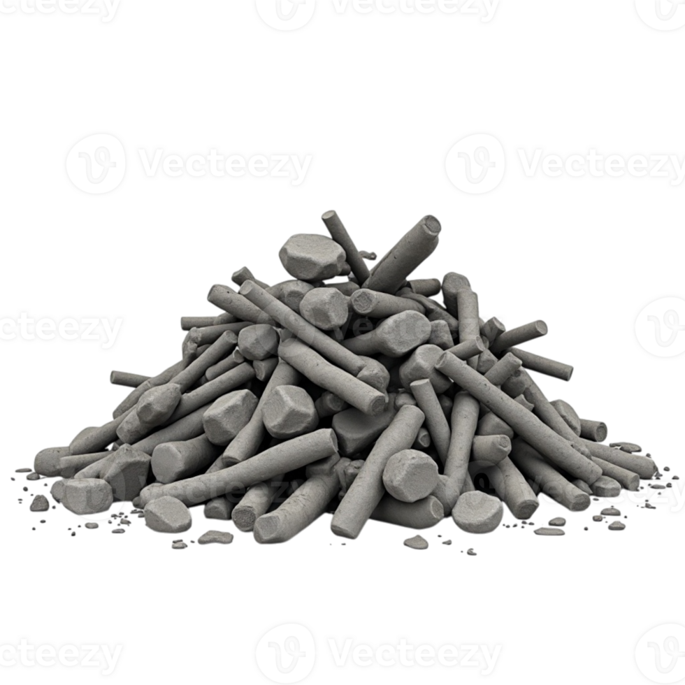 Pile of gray abstract cylindrical and geometric shapes with a matte texture against a dark background png