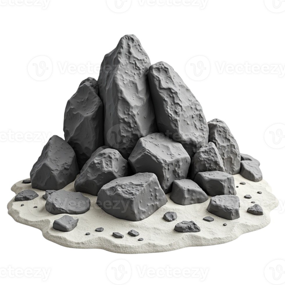 Pile of grey rocks and stones on a sandy base, isolated 3D rendered object png
