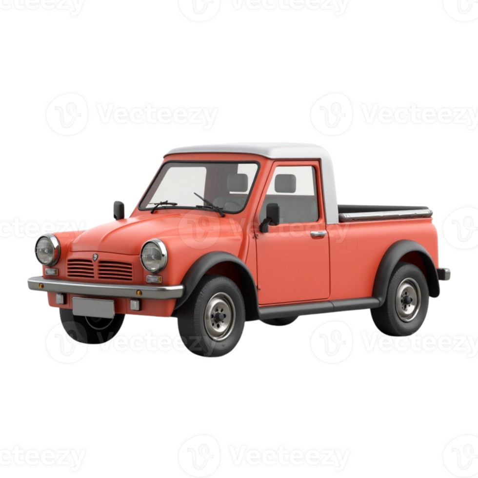 Retro style orange mini pickup truck 3D render on transparent background file png