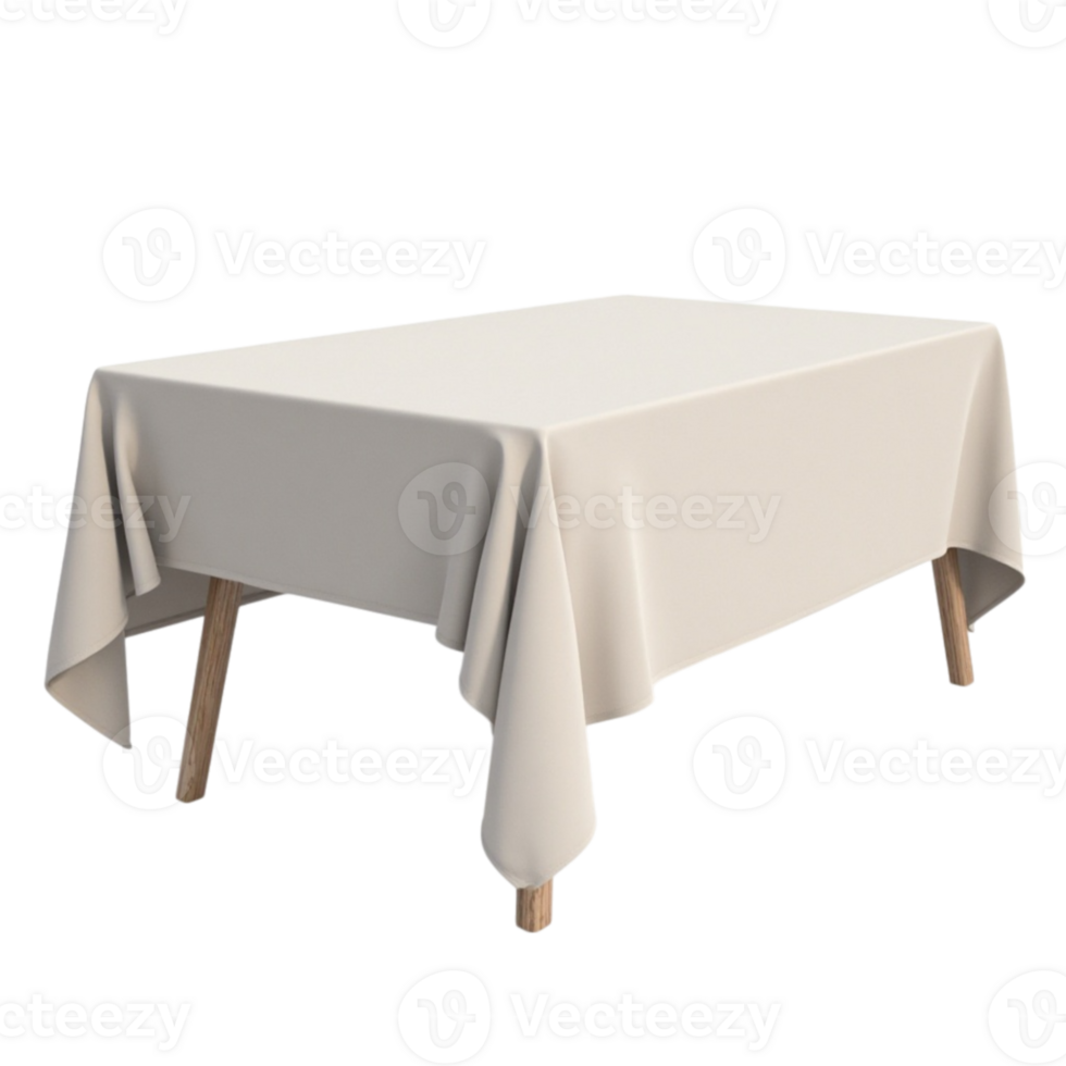 Rectangular wooden table covered with a smooth white tablecloth on a clear background file for isolation png