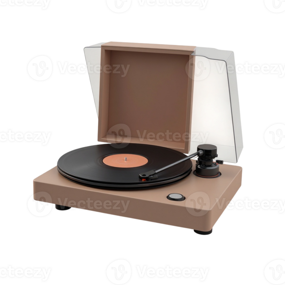 Retro Beige Record Player with Vinyl Album and Open Dust Cover on Transparent Background png