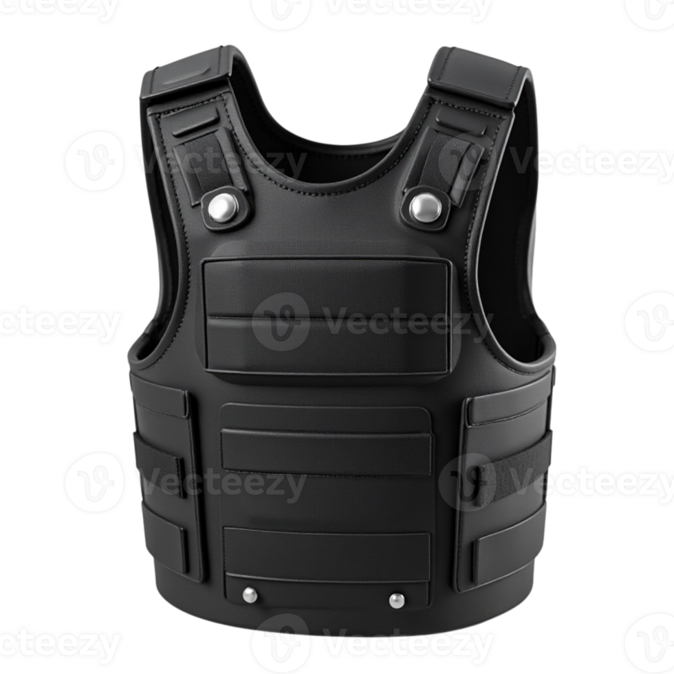 Realistic black bulletproof tactical vest isolated on transparent background for security and protection png