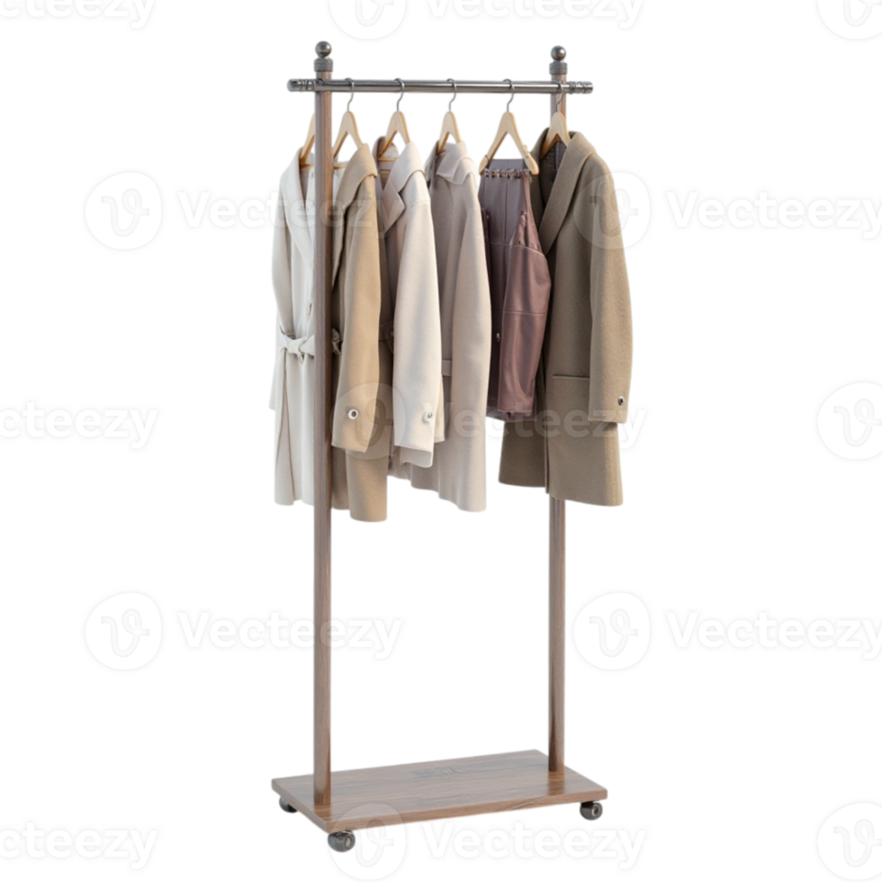 Stylish garment rack with neutral coats isolated on transparent background file png