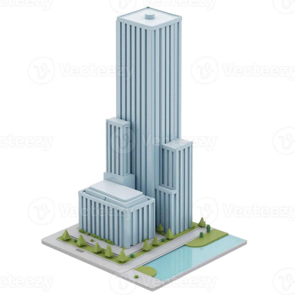 Stylized 3D Modern Skyscraper Building Complex Low Poly Rendering Transparent Background File png