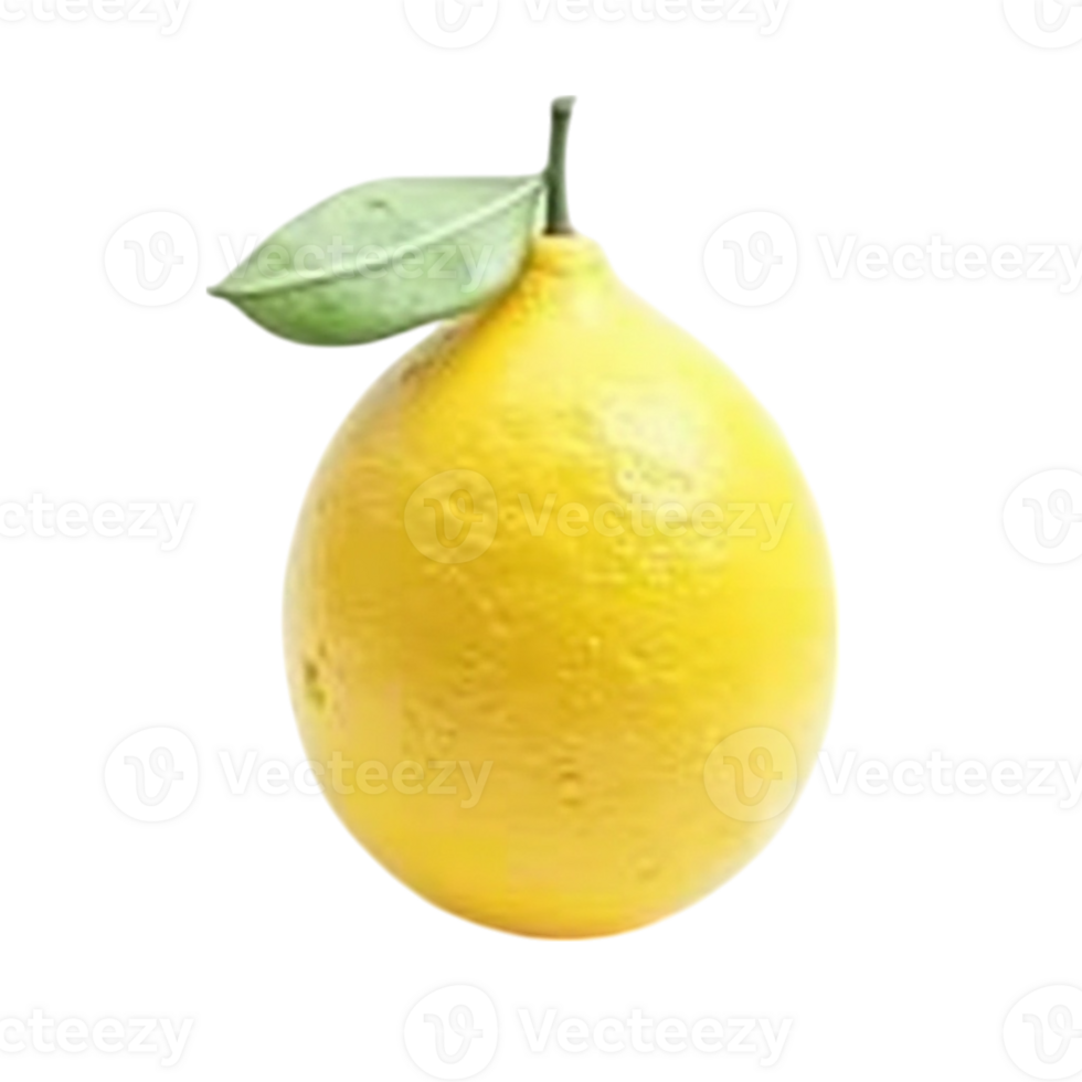 Studio Shot of a Bright Yellow Whole Lemon Fruit with Green Leaf and Stem Isolated Cutout on Transparent Background png