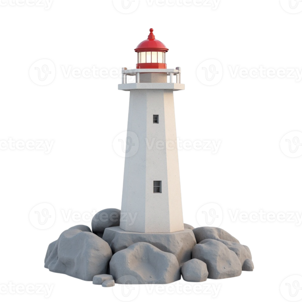 Stylized 3D rendered white lighthouse on grey rocks with red cap with transparent background png