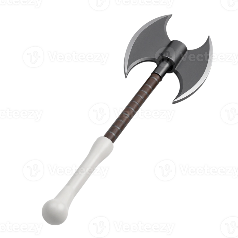 Stylized double sided battle axe 3D render with white handle and dark metal blades on transparent background png