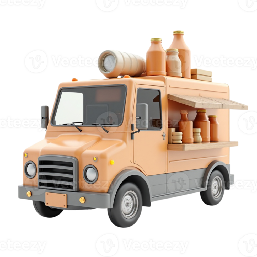 Stylized 3D Rendered Orange Food Truck Model with Drinks on Transparent Background png