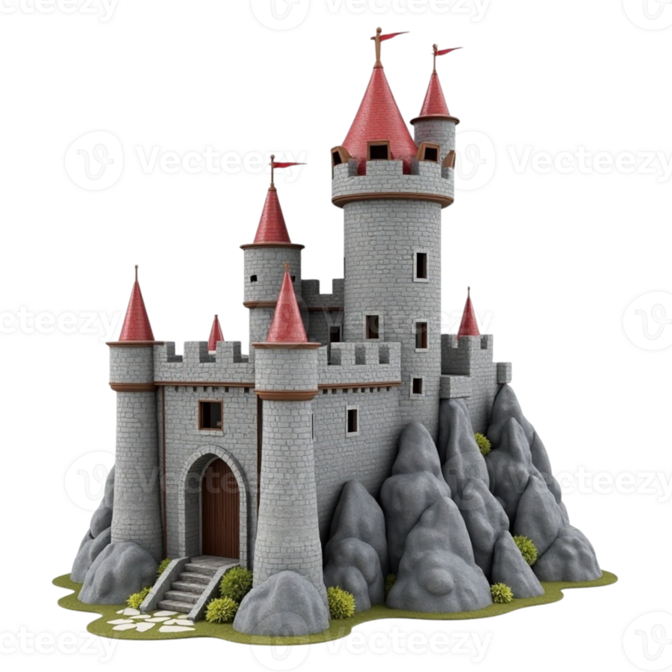 Stylized Medieval Fantasy Castle Structure on Rocks Isolated with Transparent Background png