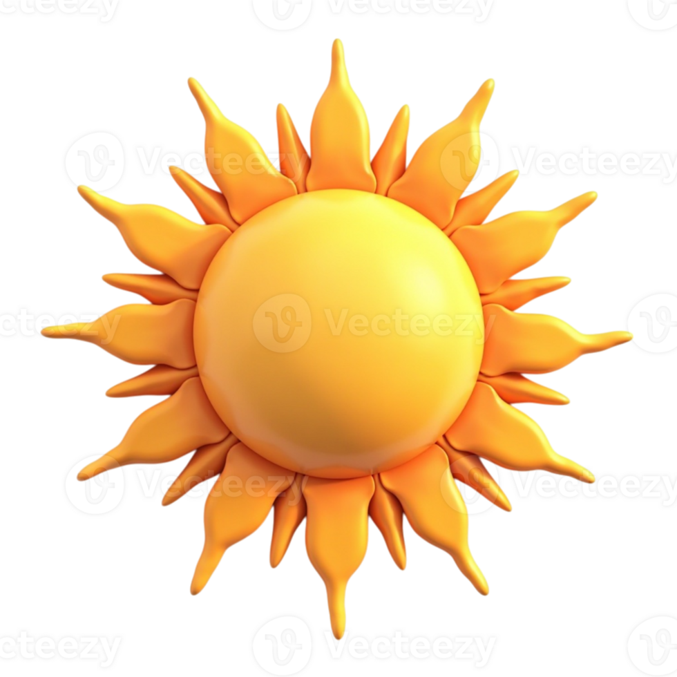 Stylized 3D rendering of a bright yellow sun icon with pointed rays on a transparent background file png