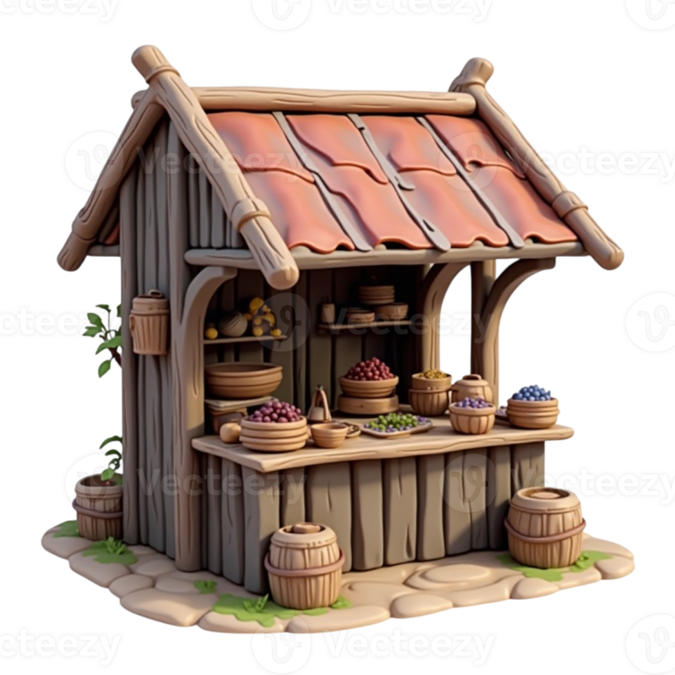 Stylized Fantasy Market Stall Laden with Colorful Fruits and Vegetables 3D Render Asset png