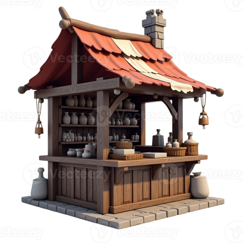 Stylized Medieval Wooden Market Stall 3D Render Isolated on Transparent Background File for Game Asset or Illustration png