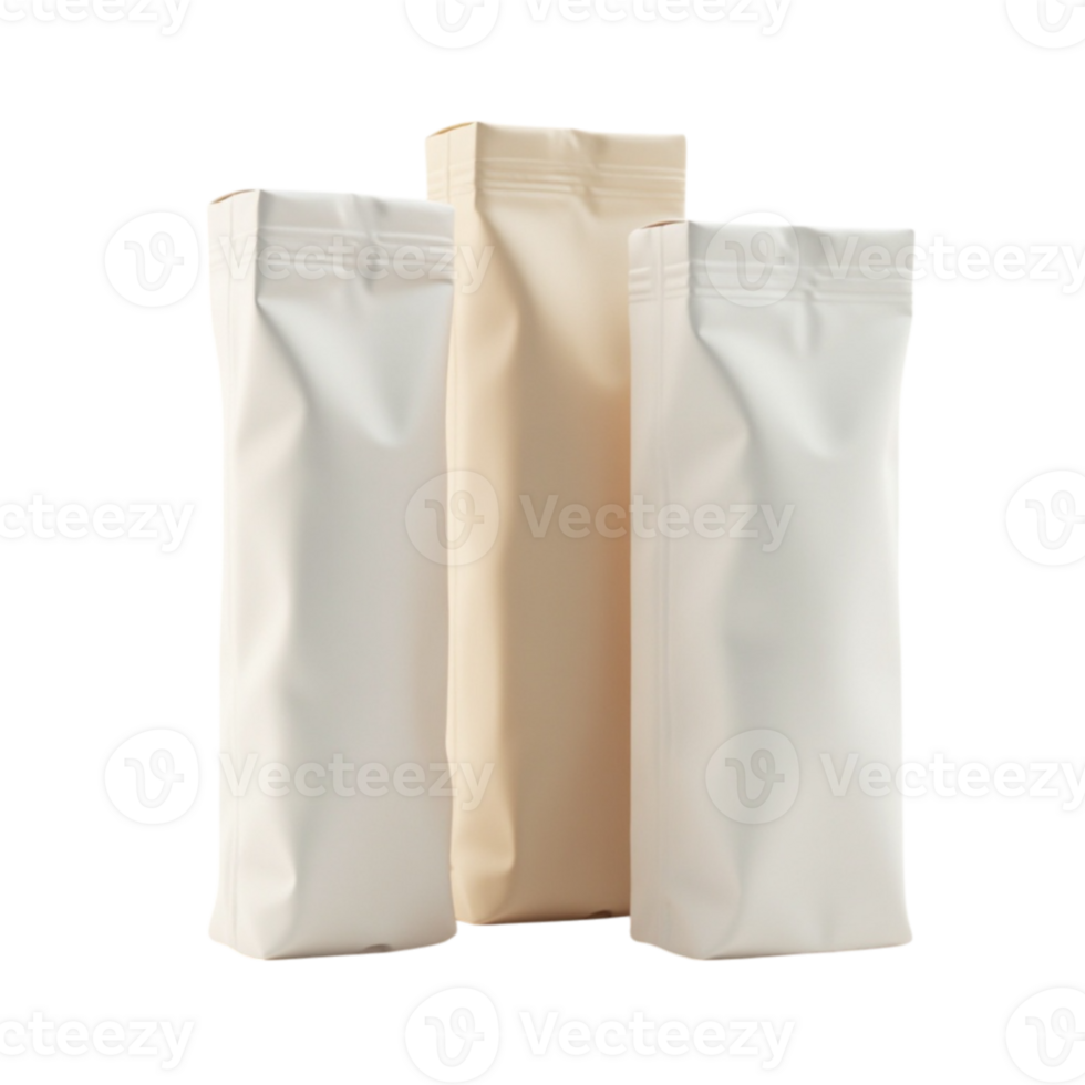 Three stand-up pouches for packaging food products isolated on a transparent background file png