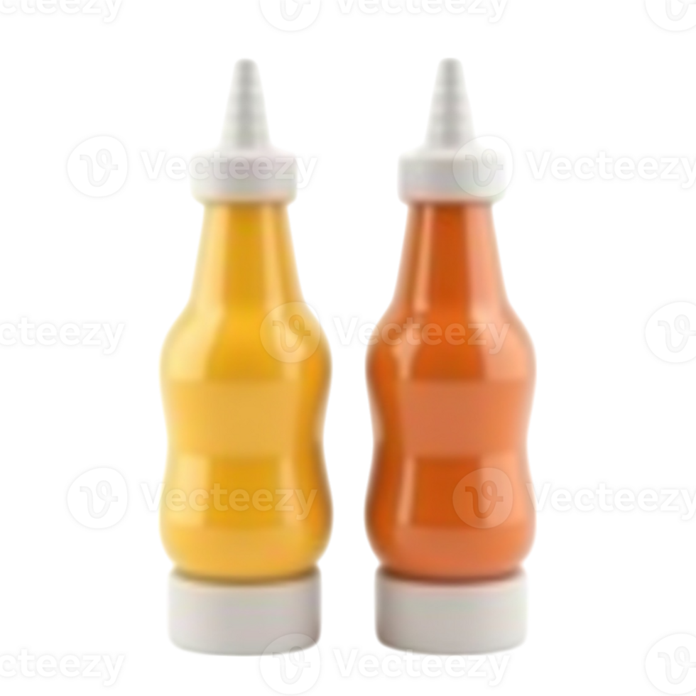 Two plastic squeeze bottles filled with yellow and orange sauce isolated on transparent background file png