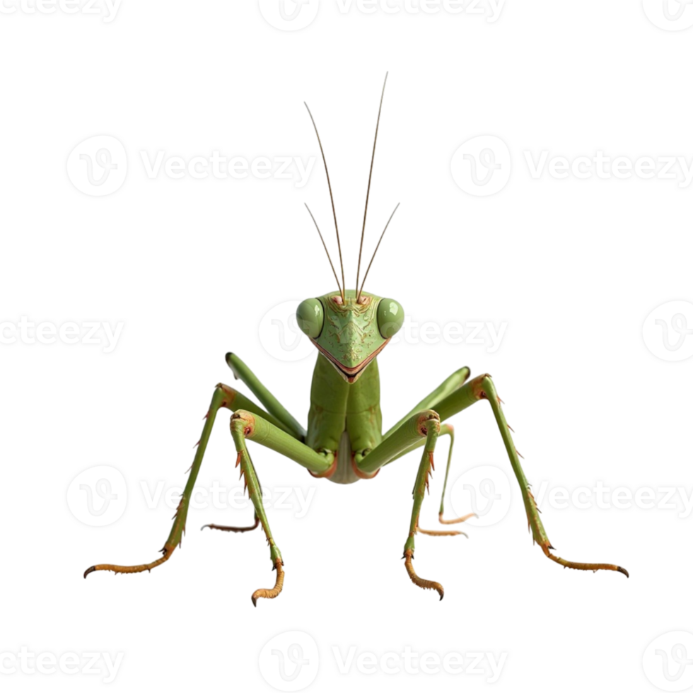 studio shot of a green praying mantis insect on a black background full body view png