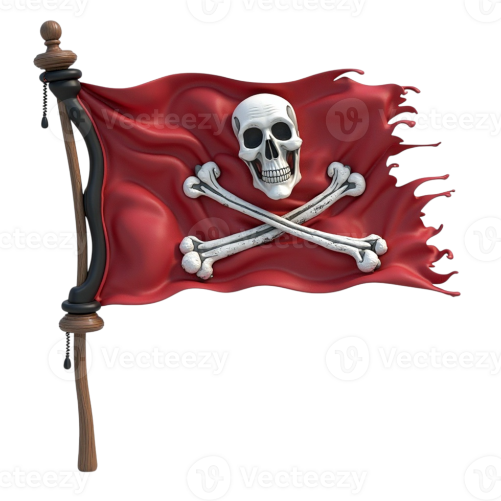 Striking red pirate flag with classic white skull and crossbones on dark background png