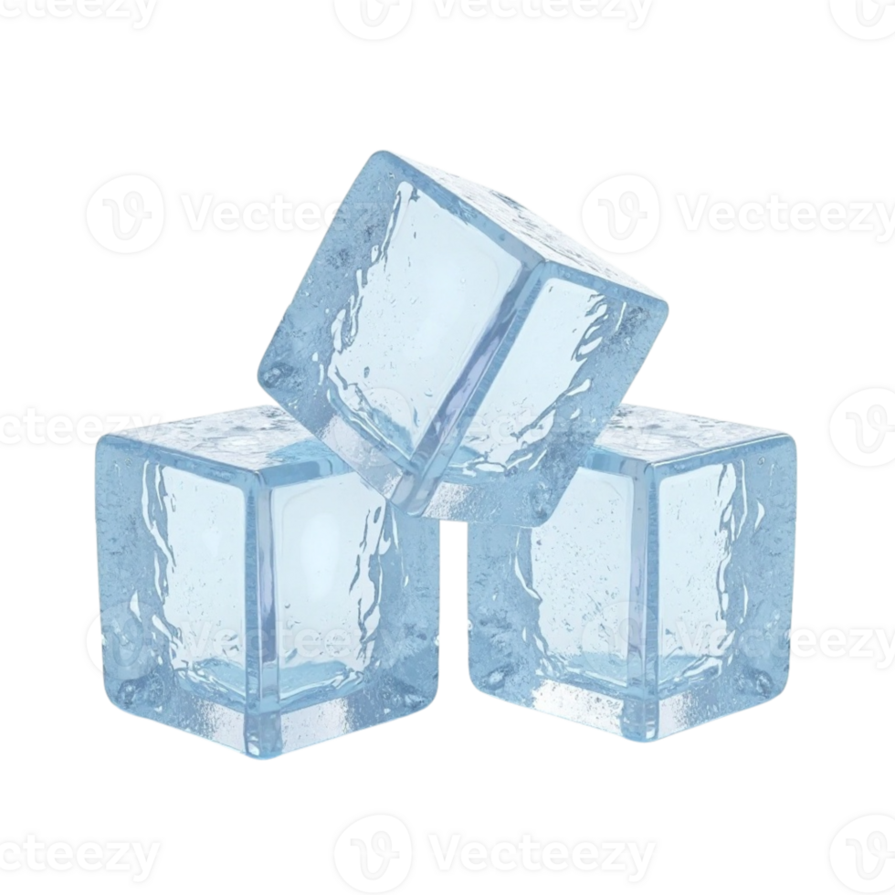 Three detailed textured ice cubes stacked isolated on a transparent background file png