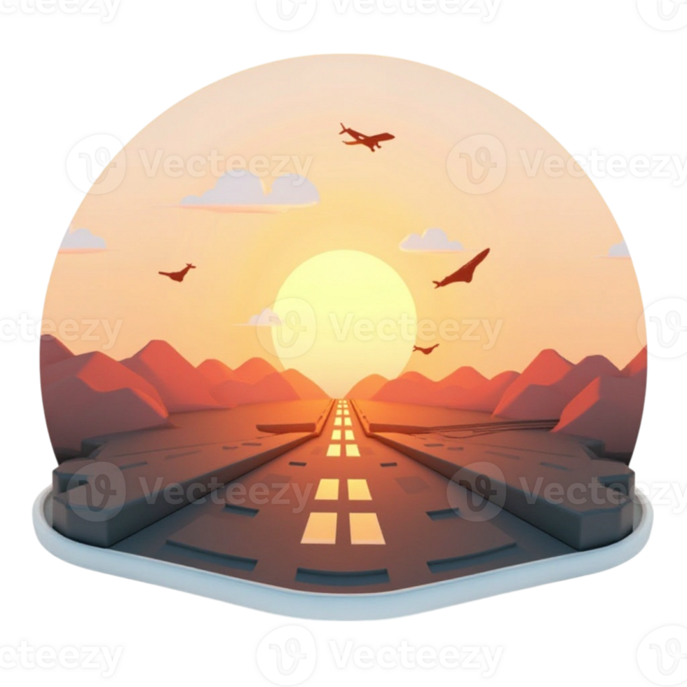 Stylized 3D Render of a Road Leading to a Sunset with Airplanes - Transparent File png