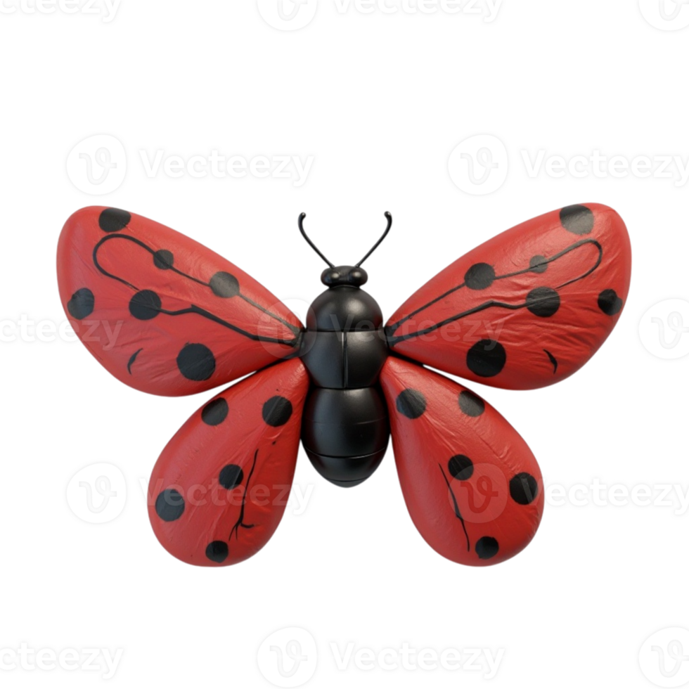 Vibrant red butterfly art with black spots, ladybug pattern, isolated on black, transparent png