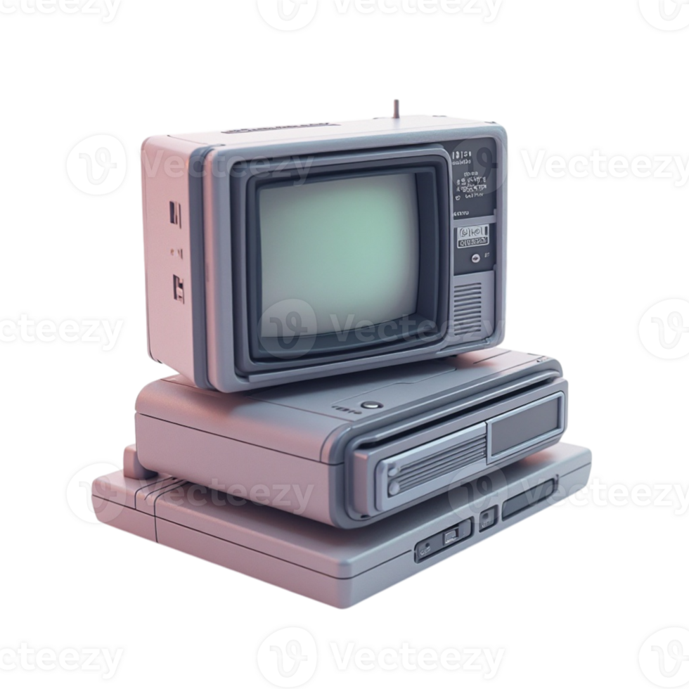 Vintage electronics stack, CRT television VCR and classic gaming console from the 80s or 90s era png