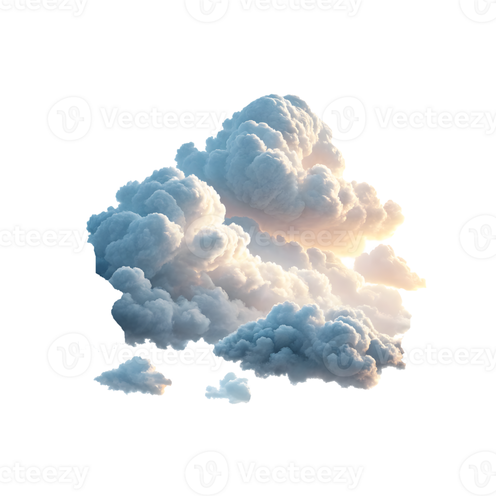 Realistic fluffy cloud cluster in the sky on transparent background. png