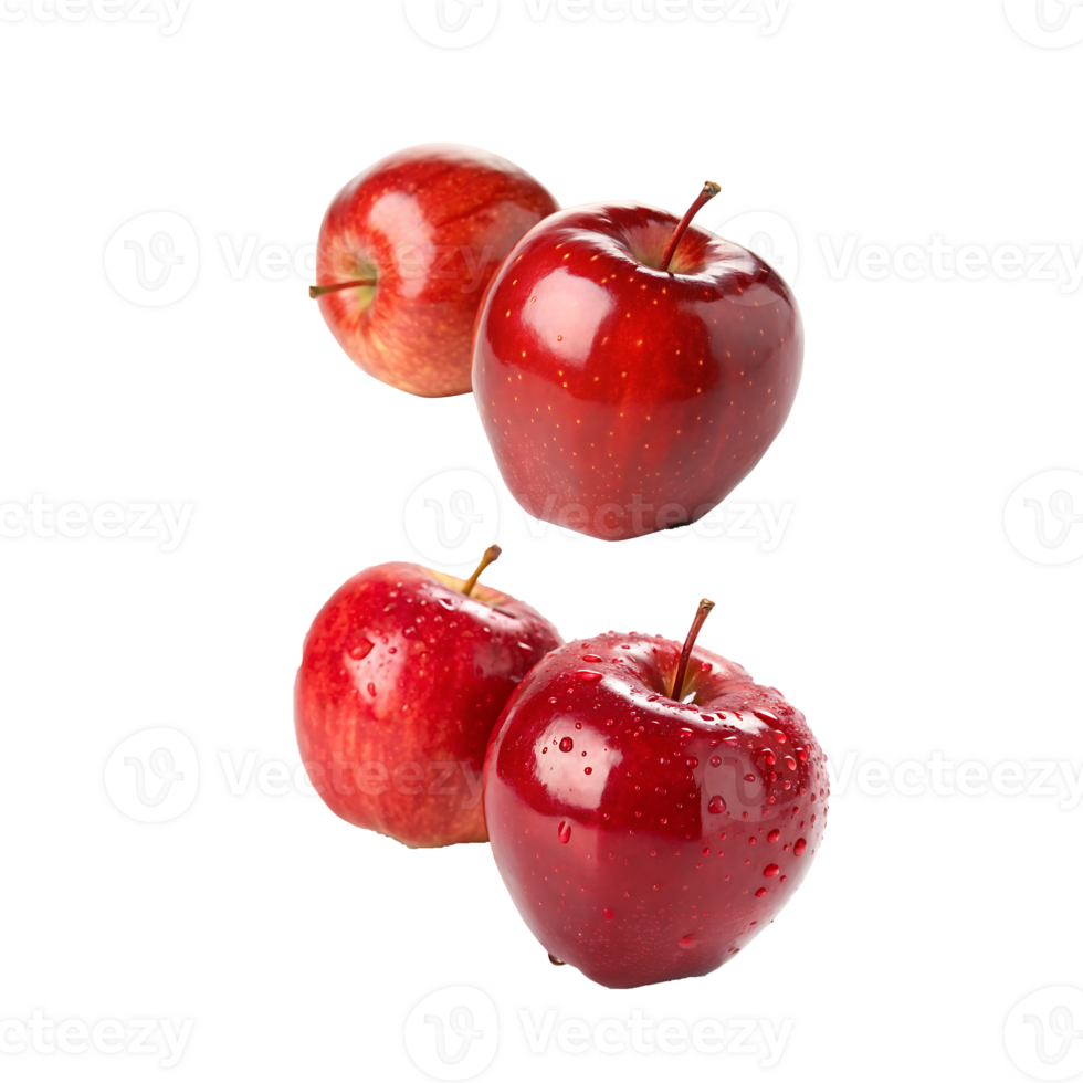 Four shiny red apples with smooth surfaces short brown on transparent background. png